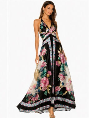 kopa Vintage Inspired Floral Satin Halter Maxi Dress Boho Y2K Resort Glam